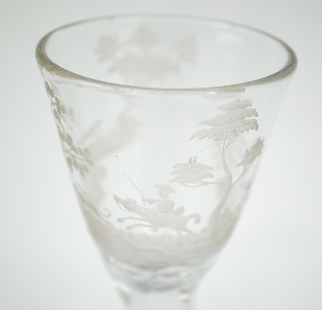 Two faceted wine glasses, engraved with hunting scenes, c.1780